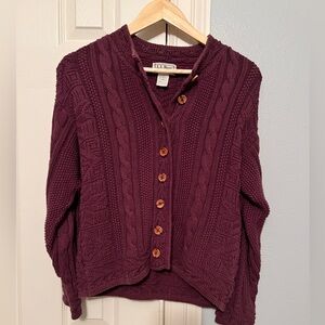 LL Bean cable knit cardigan sweater, 100% cotton made in USA